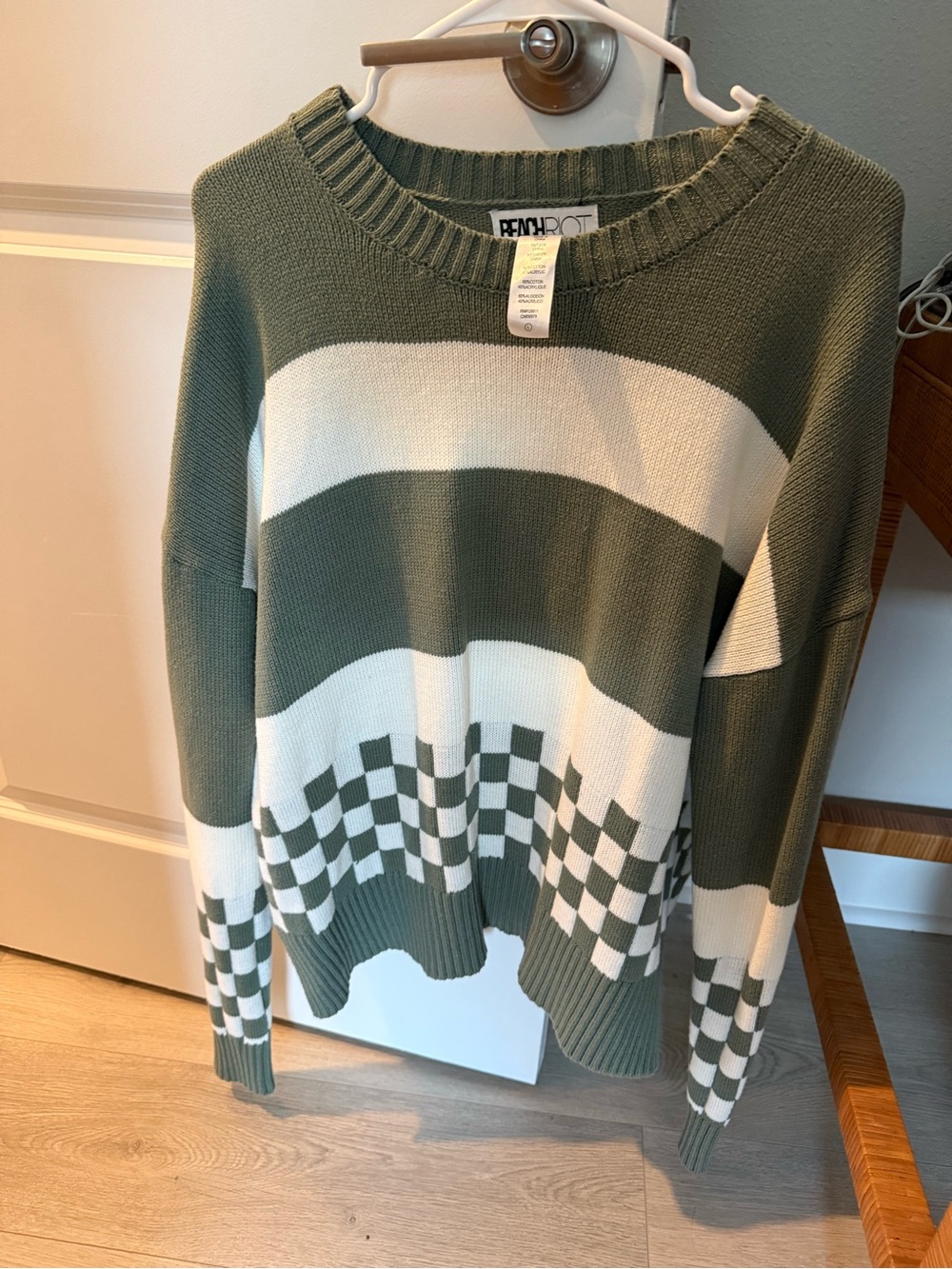 Beach Riot Olive & White Striped Checkerboard Crewneck Sweater
